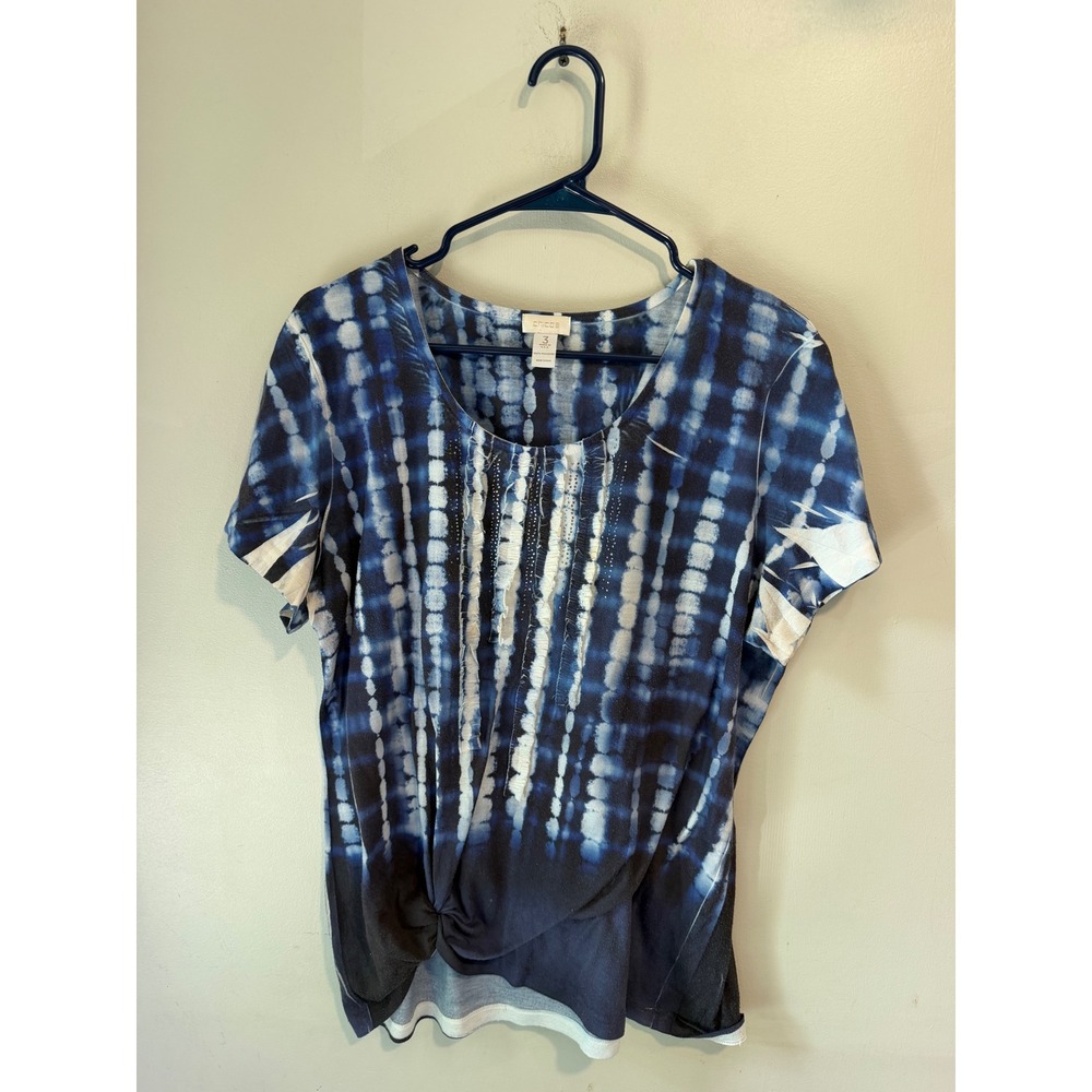Chico's Blue Tie Dye Rhinestone Ruffle Knot Hem Top Size 3 XL Short Sleeve